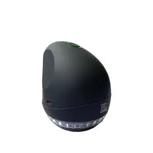 Sort, genopladelig fnugfjerner med kuppelform og lille knap på toppen.