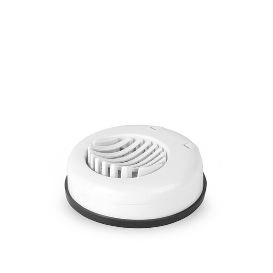 Hvid, rund æggedeler i plast med parallelle skæretråde og sort bund.