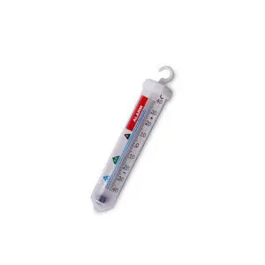 Hvidt køleskabstermometer med krog, rød alarmzone og temperaturangivelse fra -40 til 40 grader.