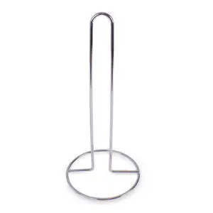 Sølvfarvet køkkenrulleholder med slank, minimalistik design og rund base for stabilitet.