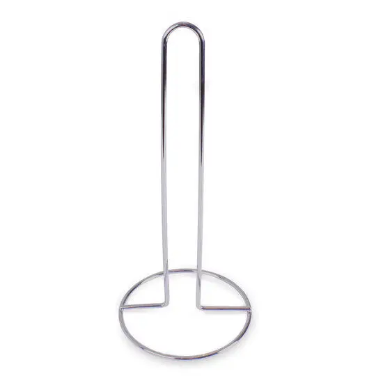 Sølvfarvet køkkenrulleholder med slank, minimalistik design og rund base for stabilitet.
