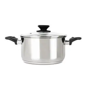 Sølvgryde med låg, sorte håndtag og knop. Kapacitet: 3,5 liter.