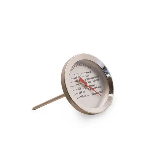 Sølvfarvet stegetermometer med runde skive og rødt nål. Viser temperaturer for kødtilberedning.