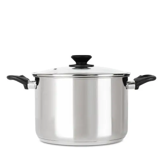 Rustfri stålsgryde med låg og sorte håndtag, 10 liter kapacitet, enkel og skinnende.