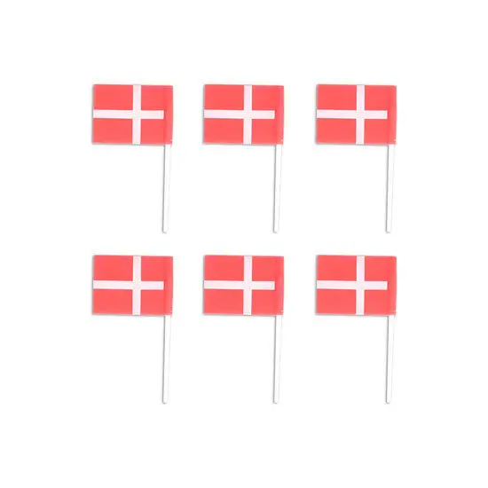 Seks røde og hvide danske flag i silikone, arrangeret i to rækker á tre.