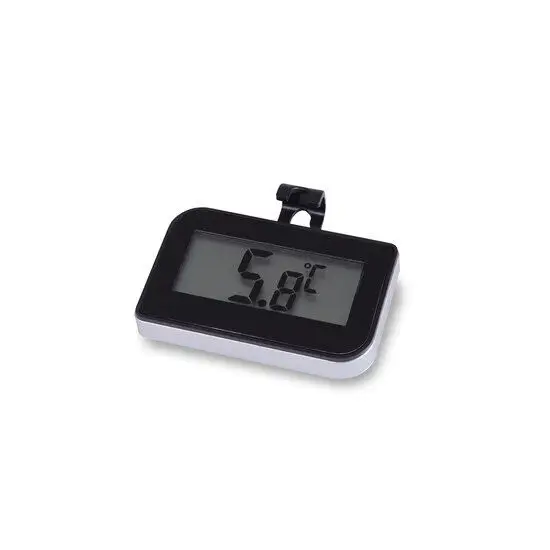 Digitalt termometer med display på 5.8°C, sort ramme og klemme til fastgørelse.