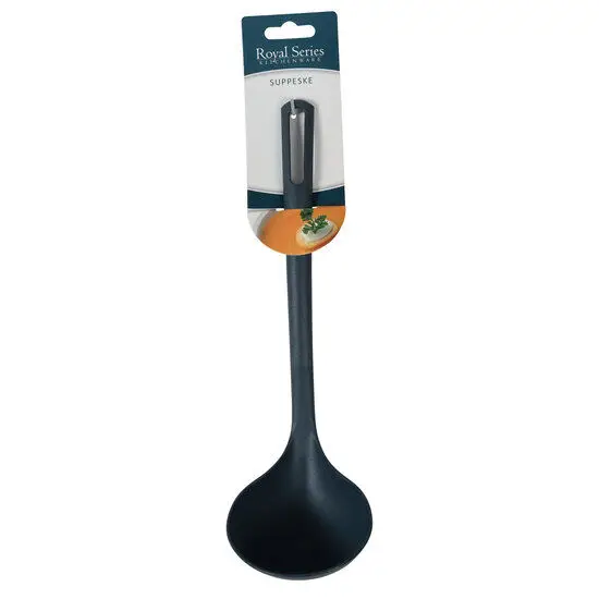 Mørk suppeske med dybt skefterum, mærket "Royal Series - Suppeske," ideel til at øse suppe.