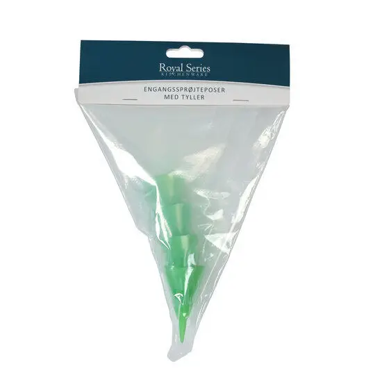 Klar emballage med grønne tyller, mærket "Royal Series - Engangssprøjteposer med tyller".