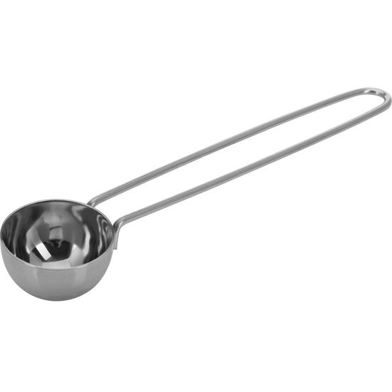 Kaffemåleske med rund skål og skinnende metalfinish, lang slank hank.