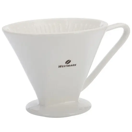 Kaffefilterholder i porcelæn med hank og base. Mærket "Westmark" ses på siden.