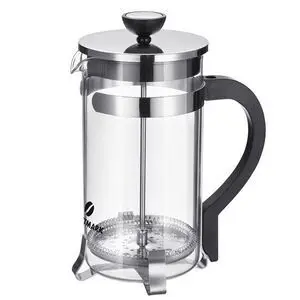 Gennemsigtig stempelkande med sort håndtag og sølvfarvet låg. Designet til at brygge kaffe.