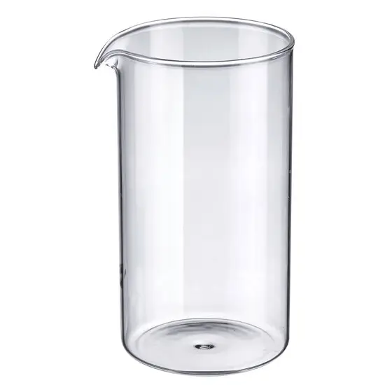 Cylindrisk glasbeholder med hældetud, gennemsigtig og klar til brug i stempelkande.