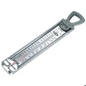 Sukkertermometer med metalramme, skala viser temperaturer i Fahrenheit og Celsius.