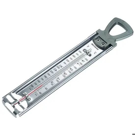 Sukkertermometer med metalramme, skala viser temperaturer i Fahrenheit og Celsius.
