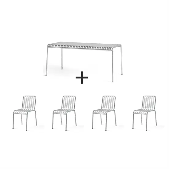 Minimalist havesæt med rektangulært bord og fire slanke, slattede stole.