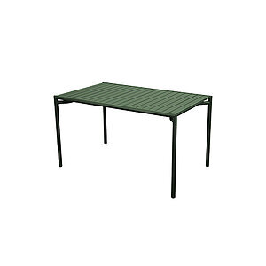 Mørkegrønt rektangulært bord i aluminium med lameltop og fire lige ben.