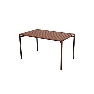 Rektangulært spisebord i ørkenrød aluminium med lameldesign og fire ben. Enkel og stilren.