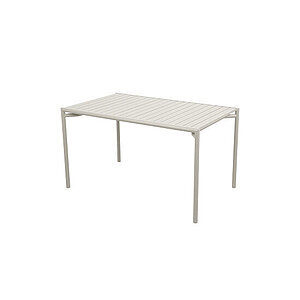 Rektangulært spisebord med slatted bordplade og lige ben i lys neutral tone.