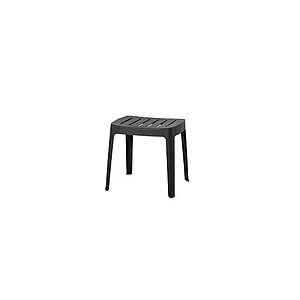 Sort skammel, minimalistisk design, rektangulær, med lamelsæde og fire lige ben.