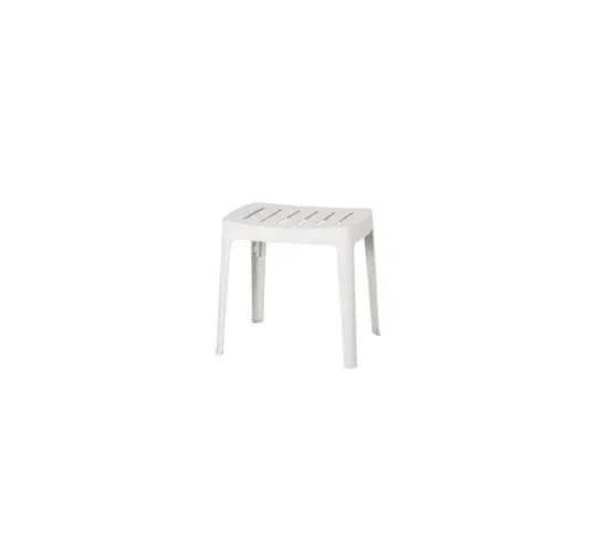 Minimalist hvid skammel med rektangulært sæde og fire ben i aluminium.