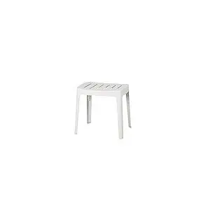 Minimalist hvid skammel med rektangulært sæde og fire ben i aluminium.