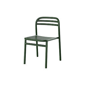 Mørkegrøn stol uden armlæn, minimalistisk design med vandrette lameller i ryg og sæde.