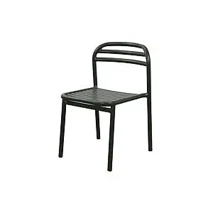 Mørkegrøn stol uden armlæn, minimalistisk design med vandrette lameller i ryg og sæde.