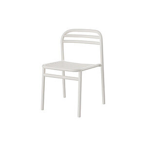 Udendørs stol i sandfarvet aluminium med slatted sæde og buet ryg, uden armlæn.