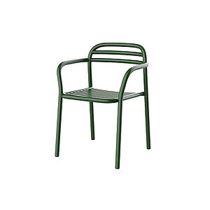 Mørkegrøn stol i aluminium med rørformet ramme, slatted sæde og ryglæn. Muligvis stabelbar.