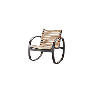 Gyngestol med lameldesign, buede armlæn integreret i basen og moderne åben ramme.