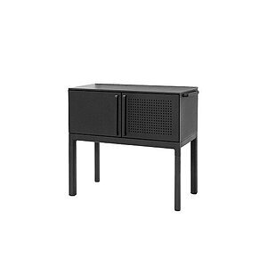 Rektangulært køkkenmodul i mørk farve med solid og perforeret dør, fire ben og håndtag på siden.