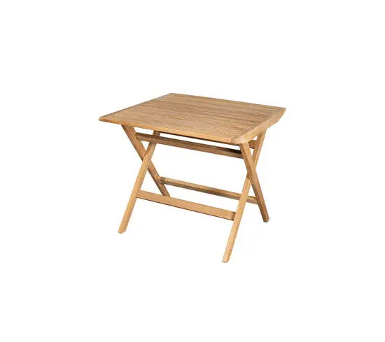 Lille teak klapbord med lamelbordplade og krydsben. Ideel til små rum og udendørs brug.
