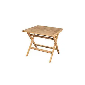 Lille teak klapbord med lamelbordplade og krydsben. Ideel til små rum og udendørs brug.