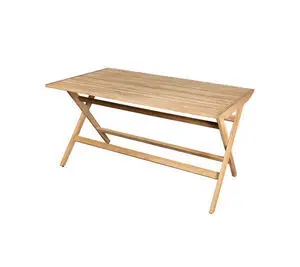 Rektangulært klapbord i teak med lameloverflade og støtte, lys træfarve, minimalistisk design.