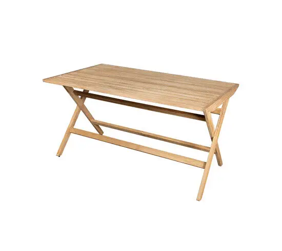 Rektangulært klapbord i teak med lameloverflade og støtte, lys træfarve, minimalistisk design.