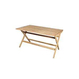 Rektangulært klapbord i teak med lameloverflade og støtte, lys træfarve, minimalistisk design.