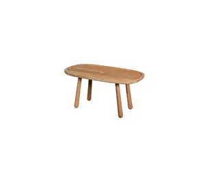 Rektangulært teakbord med afrundede hjørner og fire ben. Minimalistisk trædesign.