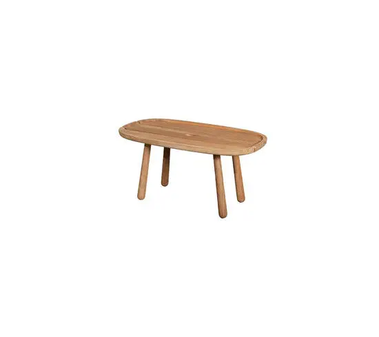 Rektangulært teakbord med afrundede hjørner og fire ben. Minimalistisk trædesign.