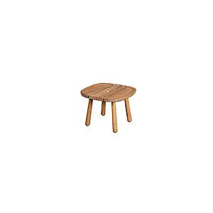 Rektangulært teakbord med afrundede hjørner og fire ben. Minimalistisk trædesign.