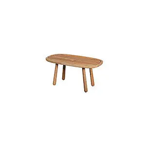 Rektangulært teakbord med slatted top og fire cylindriske ben. Enkel og elegant design.