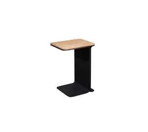 Minimalist sidebord med teak-top og mørk aluminiumsramme, C-formet til indendørs/udendørs brug.