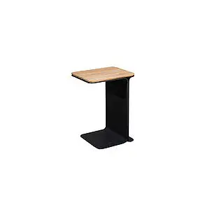 Minimalist sidebord med teak-top og mørk aluminiumsramme, C-formet til indendørs/udendørs brug.