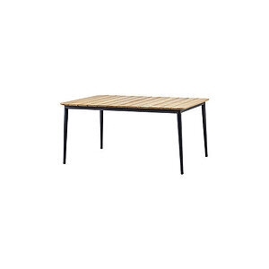 Rektangulært spisebord med teaktræsoverflade og slanke, mørke ben.