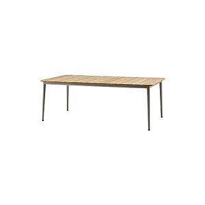 Rektangulært spisebord med teakbordplade og minimalistisk aluminiumsstel i moderne design.