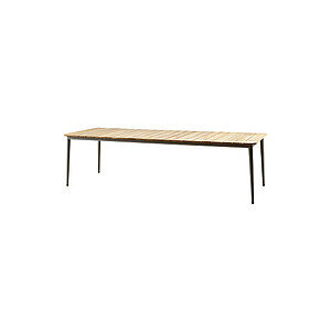 Rektangulært spisebord med teak lamelbordplade og minimalistisk design, fire lige ben i taupe aluminium.