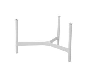 Minimalist bordstel med fire hvide ben og central støttebjælke i aluminium for stabilitet.