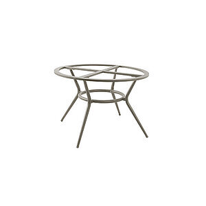 Rundt bordunderstel i aluminium med krydsstivere, koniske ben og ekstra cirkulær støtte i midten.