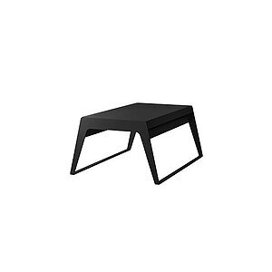 Moderne, mørkt sofabord med geometrisk design og justerbar højde, lavet af aluminium.