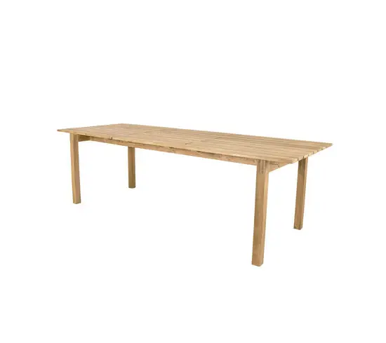 Rektangulært spisebord i teak med lamelbordplade og fire lige ben. Minimalistisk design.