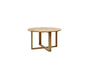 Rundt spisebord i teak, planketop og krydsformet base. Elegant design til alsidige omgivelser.